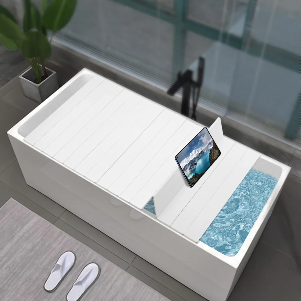 Couverture de baignoire pliable blanche, cadre inox