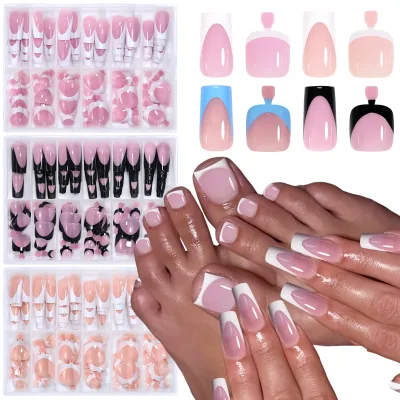 Kit de 144 faux ongles courts carrés brillants