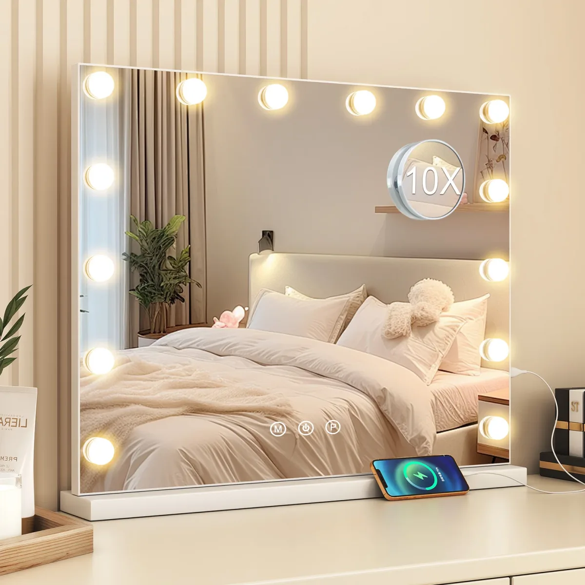 Miroir de maquillage à 14 ampoules LED, cadre blanc