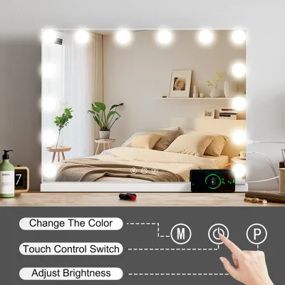 Miroir de maquillage à 14 ampoules LED, cadre blanc – image 3