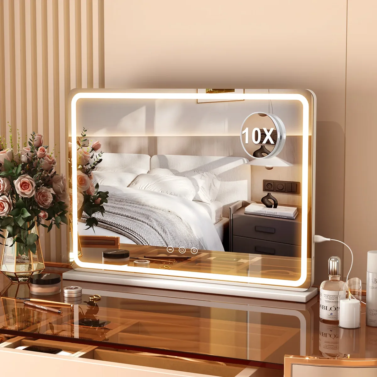 Miroir de maquillage LED rectangulaire blanc, 80 cm