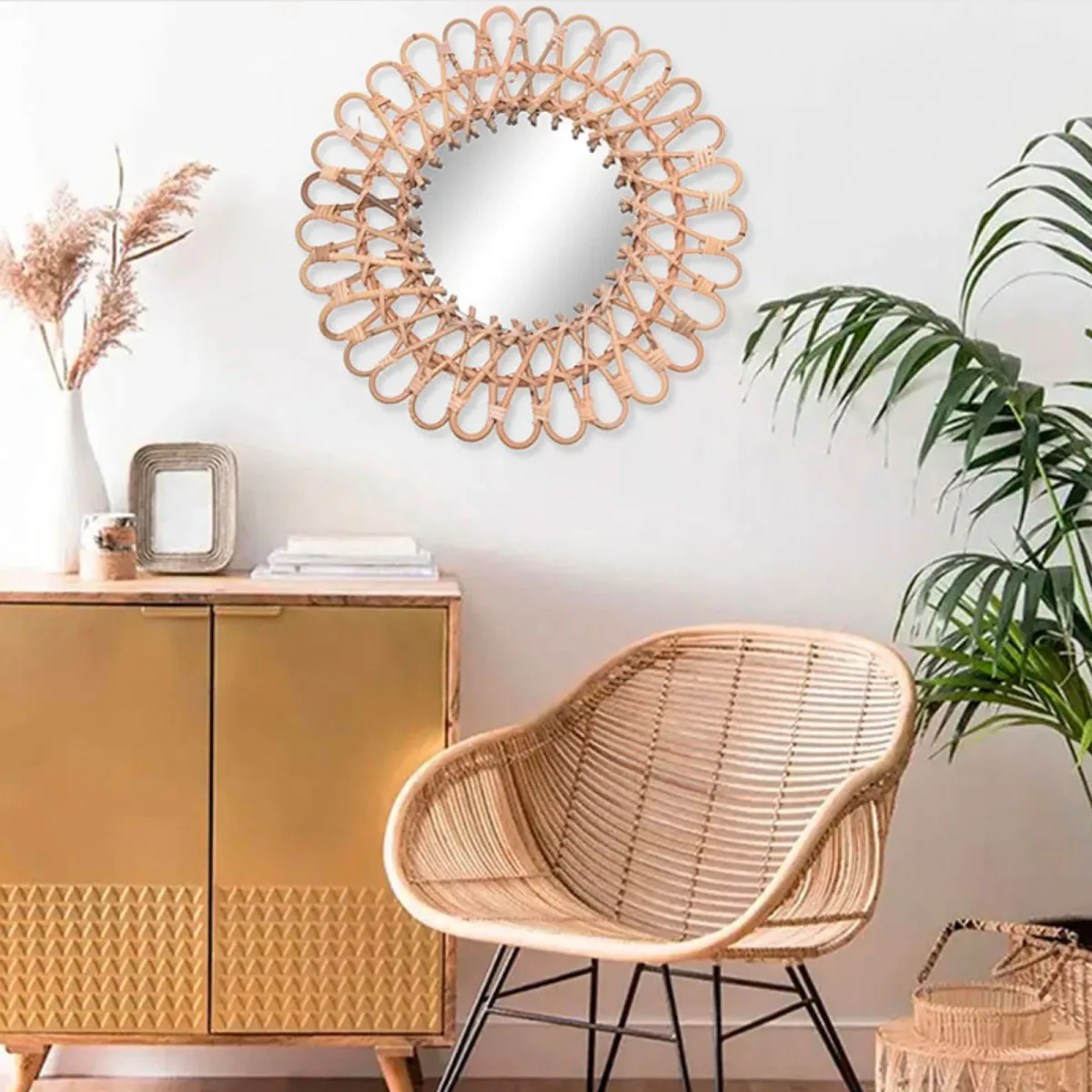 Miroir mural rond en rotin tissé, 40 cm