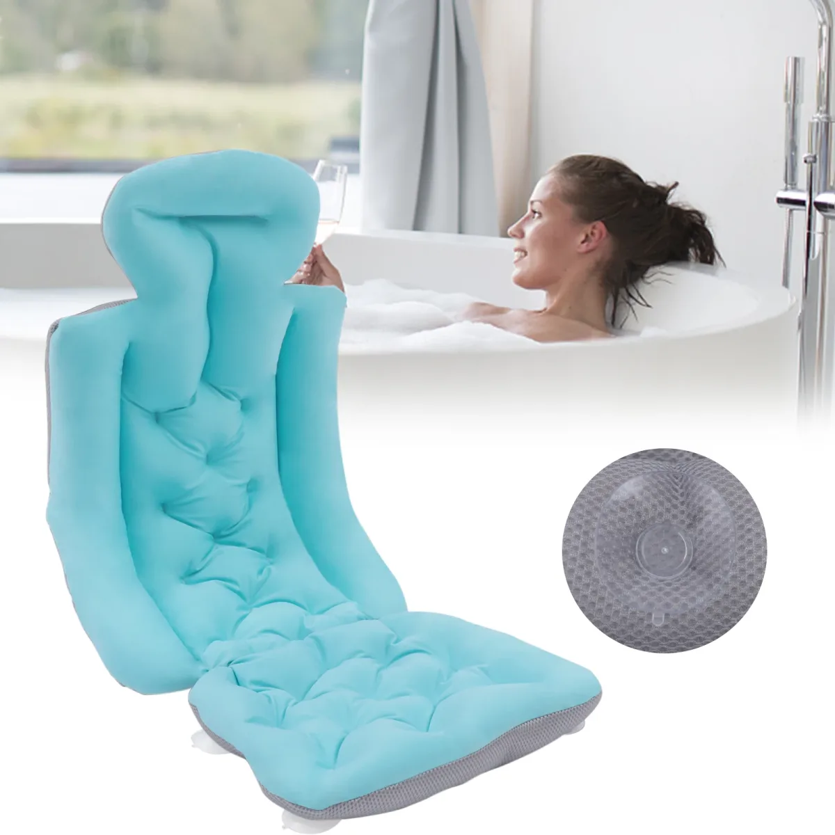 Oreiller de bain bleu à ventouses, pliable