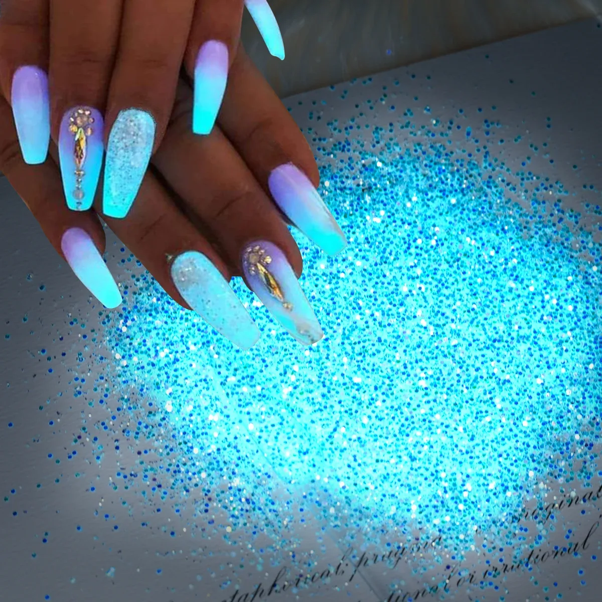 Poudre lumineuse bleu-vert pour ongles, sachet 10 g