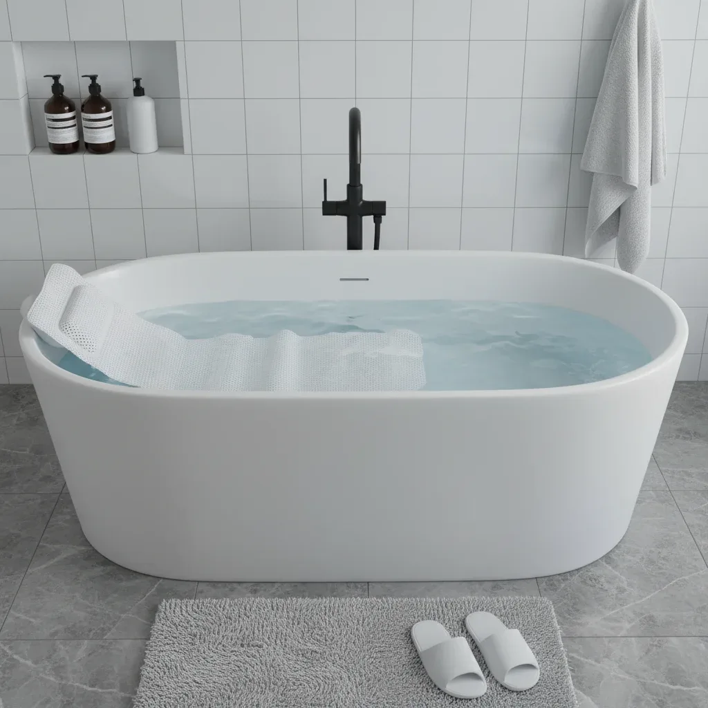 Tapis de bain blanc alvéolé avec coussin, 125 × 36 cm